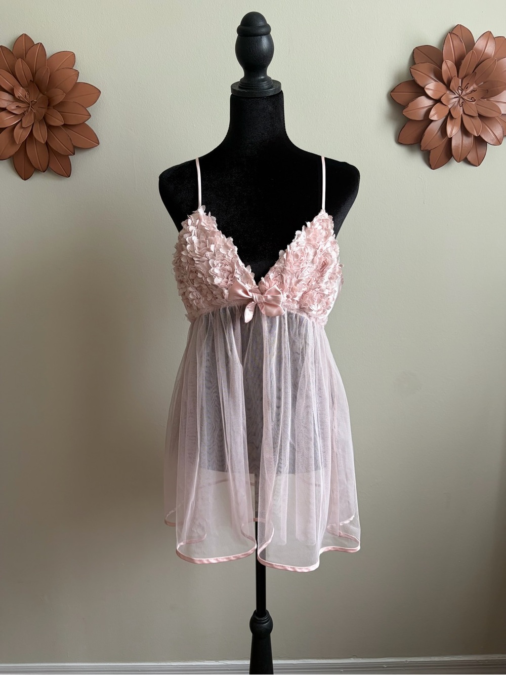 Flora Nikrooz Pale Pink Floral Lace Mesh Babydoll Chemise